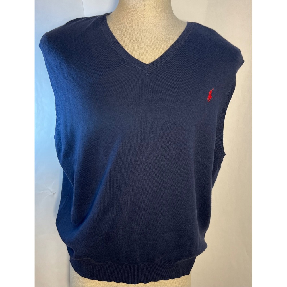 Polo Ralph Lauren‎ Men's Blue Sweater Vest V Neck Size 2XL XXL Pima Cotton